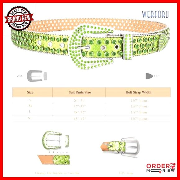 Rhinestone Studded Western Leather Belt, Detachable Buckle, Fits Waist 28-47 main image 4